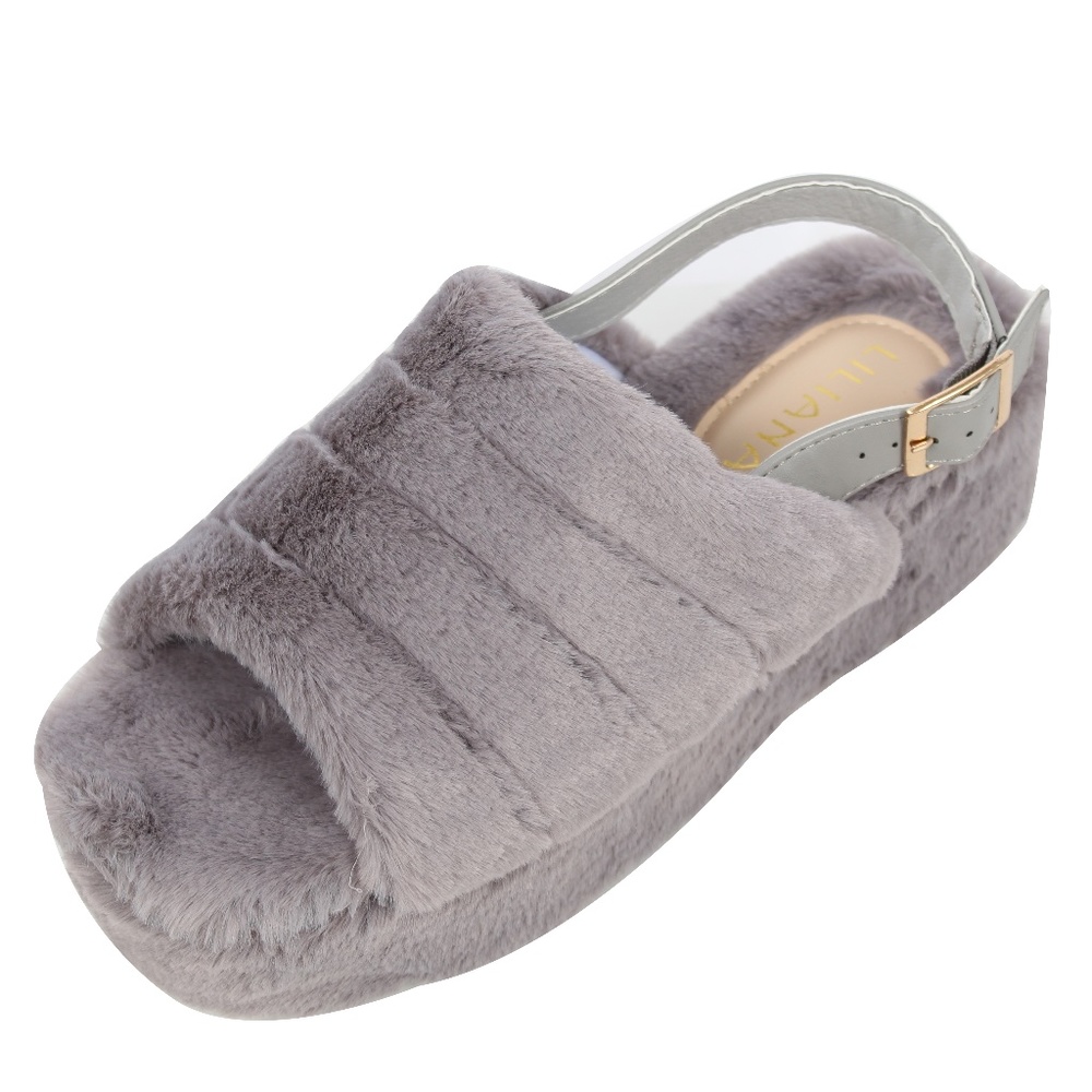 Grey Open Toe Fuzzy Slingback Platform Wed - Picture 2 of 5